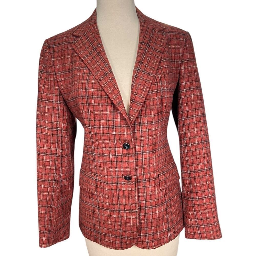 Vintage Evan Picone Red Plaid Tweed Blazer Jacket Shoulder Pad 2 Buttons No Size